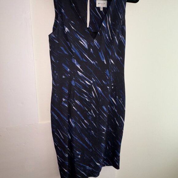 Milly Black Navy Brushstroke V Sheath Cocktail Business Formal Dress Size 4 - Picture 3 of 9